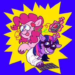 Size: 640x640 | Tagged: safe, artist:phobohobo, derpibooru import, pinkie pie, twilight sparkle, earth pony, pony, unicorn, clothes, derp, device, female, goggles, keyboard, lab coat, magic, science, wires