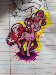 Size: 640x853 | Tagged: safe, artist:phobohobo, derpibooru import, pinkie pie, earth pony, female, lined paper, looking back, raised hoof, raised leg, solo, traditional art