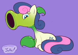 Size: 1114x792 | Tagged: safe, artist:pinksundae, derpibooru import, bon bon, sweetie drops, earth pony, pony, female, mare, not salmon, peashooter, plant tf, plants vs zombies, purple background, signature, simple background, solo, transformation, wat