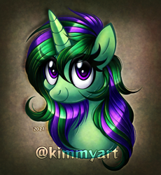 Size: 1905x2068 | Tagged: safe, artist:kimmyartmlp, derpibooru import, oc, oc only, oc:mint heart, pony, unicorn, bust, female, horn, smiling, solo, unicorn oc