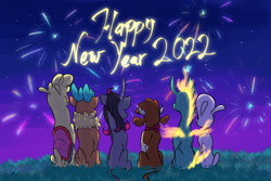 Size: 1800x1200 | Tagged: safe, artist:redahfuhrerking, derpibooru import, arizona cow, oleander, paprika paca, pom lamb, tianhuo, velvet reindeer, them's fightin' herds, community related, fightin' six, fireworks, happy new year, holiday