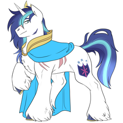 Size: 3000x3000 | Tagged: safe, artist:gingygin, derpibooru import, shining armor, pony, unicorn, cape, clothes, hooves, male, older, raised hoof, raised leg, scar, simple background, solo, unshorn fetlocks, white background