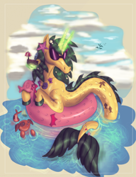 Size: 1280x1663 | Tagged: safe, artist:surreal-adventures16, derpibooru import, oc, oc only, bicorn, bird, merpony, unicorn, cloud, cup, dorsal fin, fins, fish tail, float, glasses, glowing, glowing horn, horn, jewelry, magic, multiple horns, necklace, seashell necklace, sky, solo, species swap, starfish, tail, water