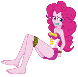 Size: 1981x1942 | Tagged: safe, artist:splendidbondage, derpibooru import, pinkie pie, equestria girls, bare shoulders, barefoot, bondage, bound and gagged, clothes, feet, female, gag, pinkie pie swimsuit, rope, rope bondage, simple background, sleeveless, solo, strapless, swimsuit, tape, tape gag, transparent background