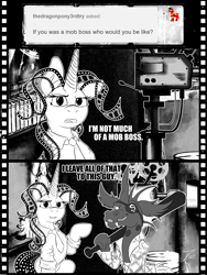 Size: 1359x1804 | Tagged: safe, artist:jamescorck, derpibooru import, oc, oc only, oc:chelicera, oc:movie slate, pony, unicorn, baseball bat, clothes, female, mare, monochrome, necktie, shirt