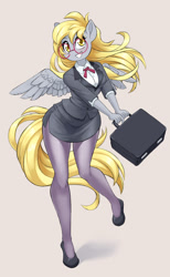 Size: 1184x1920 | Tagged: safe, alternate version, artist:dstears, derpibooru import, derpy hooves, anthro, pegasus, adorasexy, businessmare, clothes, cute, derpabetes, female, glasses, grin, legs, looking at you, mare, meganekko, miniskirt, office, pantyhose, round glasses, sexy, shoes, side slit, simple background, skirt, skirt suit, smiling, smiling at you, solo, spread wings, suit, suitcase, wings