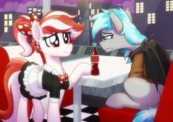 Size: 2560x1800 | Tagged: safe, artist:rand-dums, derpibooru import, oc, oc only, oc:cherry pop, bat pony, earth pony, pony, bat pony oc, coca-cola, diner, duo, earth pony oc, female, sad, smiling, waitress