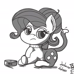 Size: 2048x2048 | Tagged: safe, artist:ledwine glass, derpibooru import, rarity, cat, hybrid, pony, unicorn, bedroom eyes, bow, bowl, collar, crossed legs, doodle, hair bun, meh, missing horn, monochrome, raricat, sketch, solo, tail