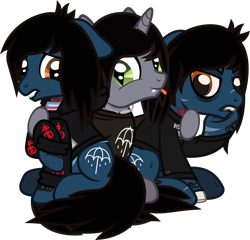 Size: 1270x1220 | Tagged: safe, artist:lightningbolt, derpibooru exclusive, derpibooru import, earth pony, pony, undead, unicorn, zombie, zombie pony, .svg available, angry, bags under eyes, bone, bring me the horizon, clothes, disguise, disguised siren, drop dead clothing, ears back, equestria girls ponified, fangs, gay, happy, hoodie, horn, hug, jewelry, kellin quinn, lidded eyes, lip bite, lip piercing, long sleeves, looking at each other, looking at someone, male, necklace, nervous, oliver sykes, piercing, ponified, raised hoof, raised leg, scar, self paradox, self ponidox, shipping, shirt, simple background, sitting, sleeping with sirens, slit eyes, stallion, stitches, svg, tattoo, tongue, tongue out, transparent background, trio male, underhoof, undershirt, vector