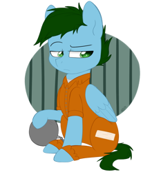 Size: 800x908 | Tagged: safe, artist:higglytownhero, derpibooru import, oc, oc only, oc:wozzy, pegasus, ball and chain, clothes, pegasus oc, prison outfit