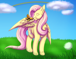 Size: 2528x1962 | Tagged: safe, artist:scorchersoldier, derpibooru import, fluttershy, butterfly, pegasus, pony, eyes closed, female, grass, rainbow