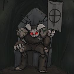 Size: 2048x2048 | Tagged: safe, artist:pfeffaroo, derpibooru import, oc, oc only, oc:the mountain king, rabbit, animal, banner, cave, monster, moss, no pony, red eyes, sitting, throne, titan