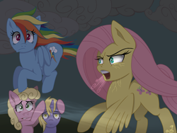 Size: 2048x1536 | Tagged: safe, artist:blackdeathhatter, derpibooru import, dinky hooves, fluttershy, millie, rainbow dash, earth pony, pegasus, pony, unicorn, flutter brutter, female, flying, peeved, scene interpretation