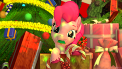 Size: 3840x2160 | Tagged: safe, artist:silkworm205, derpibooru import, pinkie pie, earth pony, pony, art pack:winter wonderland 2021, 3d, box, christmas, cookie, cute, diapinkes, ear fluff, ears, eating, female, food, holiday, looking at you, present, revamped ponies, solo, source filmmaker, unshorn fetlocks, wrapped myself up for christmas