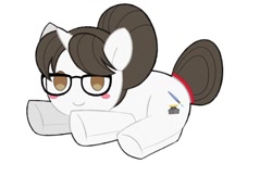 Size: 1316x851 | Tagged: safe, artist:ch-chau, derpibooru import, raven, pony, unicorn, blushing, commission, cute, female, glasses, hair bun, inanimate tf, looking at you, mare, necktie, plush pony, plushie, plushification, ravenbetes, secretary, simple background, solo, toy, transformation, white background, ych result