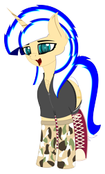 Size: 2000x3300 | Tagged: safe, artist:just rusya, derpibooru exclusive, derpibooru import, oc, oc only, oc:4 bore, unicorn, 2022 community collab, clothes, derpibooru community collaboration, fangs, jacket, looking at you, shoes, simple background, sneakers, socks, solo, transparent background