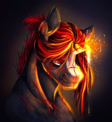 Size: 1798x1964 | Tagged: safe, artist:damayantiarts, derpibooru import, oc, oc only, pony, unicorn, angry, blood, broken horn, bust, horn, male, solo, sparking horn, stallion