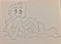 Size: 2048x1492 | Tagged: safe, artist:madkadd, derpibooru import, princess luna, alicorn, pony, eyelashes, female, graph paper, horn, jewelry, mare, raised hoof, raised leg, sitting, smiling, solo, tiara, traditional art, wings