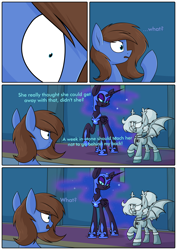 Size: 3000x4242 | Tagged: safe, artist:moonatik, derpibooru import, part of a set, nightmare moon, oc, oc:bizarre song, oc:selenite, alicorn, bat pony, pegasus, pony, alternate timeline, armor, bat pony oc, boots, close-up, clothes, comic, dialogue, eyeshadow, female, gloves, hair bun, helmet, high res, makeup, male, mare, military uniform, missing accessory, new lunar millennium, nightmare takeover timeline, pegasus oc, petrification, peytral, raised hoof, raised leg, shoes, stallion, tail, tail bun, uniform