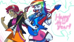 Size: 1920x1080 | Tagged: safe, artist:beefgummies, artist:fatjelyfish, derpibooru import, rainbow dash, sunset shimmer, collaboration, equestria girls, aggie.io, clothes, compression shorts, cute, duo, electric guitar, electricity, eyes closed, female, flying v, guitar, guitar pick, happy new year, happy new year 2022, holiday, jacket, leather jacket, musical instrument, open mouth, playing instrument, raised leg, rolled up sleeves, shimmerbetes, shorts, skirt, smiling, sunset shredder, text, wristband