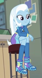 Size: 347x646 | Tagged: safe, derpibooru import, screencap, trixie, better together, equestria girls, forgotten friendship, cropped, female, sitting, smiling, solo, stool