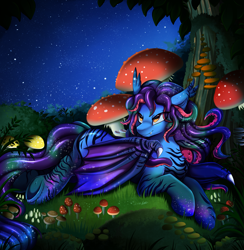 Size: 3395x3472 | Tagged: safe, artist:pridark, derpibooru import, oc, oc only, hybrid, pony, commission, cuttlefish, grass, mushroom, night, night sky, scenery, sky, solo, tree