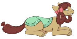 Size: 1151x593 | Tagged: safe, artist:cowcumber, derpibooru import, yona, earth pony, pony, she's all yak, eye clipping through hair, eyebrows, eyebrows visible through hair, female, grin, lying down, mare, ponified, pony yona, prone, simple background, smiling, solo, species swap, transparent background