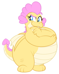 Size: 1600x2026 | Tagged: safe, artist:aleximusprime, derpibooru import, oc, oc:buttercream, oc:buttercream the dragon, dragon, flurry heart's story, belly, big belly, chonk, chubby, cute, devious, dragon oc, dragoness, fat, female, heart shaped, looking to side, mischievous, raised eyebrow, scheming, simple background, solo, thinking, transparent background