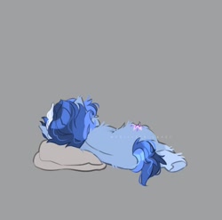 Size: 754x744 | Tagged: safe, artist:sannateacupss, derpibooru import, oc, oc only, oc:galaxy, earth pony, pony, earth pony oc, facing away, female, gray background, lying down, mare, on side, pillow, simple background, sleeping, solo, underhoof