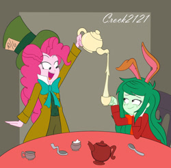Size: 1280x1262 | Tagged: safe, artist:crock2121, derpibooru import, pinkie pie, wallflower blush, equestria girls, alice in wonderland, bunny ears, clothes, cup, frock coat, mad hatter, march hare, shirt, tea party, teacup, top hat, waistcoat