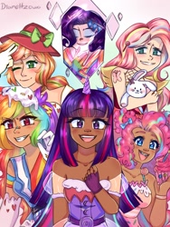 Size: 1200x1600 | Tagged: safe, artist:diameltzowo, derpibooru import, applejack, fluttershy, pinkie pie, rainbow dash, rarity, twilight sparkle, human, rabbit, animal, clothes, cupcake, dark skin, dress, element of generosity, element of honesty, element of kindness, element of laughter, element of loyalty, element of magic, elements of harmony, eyebrows, female, food, group, horn, humanized, mane six, smiling