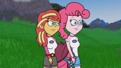 Size: 1280x720 | Tagged: safe, derpibooru import, screencap, pinkie pie, sunset shimmer, equestria girls, angry, bag, camp everfree outfits, eddy misbehaves at camp goville, female, goanimate, happy, lesbian, roblox, shipping, sunsetpie, walking, walking away