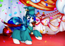 Size: 3209x2252 | Tagged: safe, artist:2pandita, derpibooru import, oc, pegasus, pony, clothes, colored wings, female, graduation cap, hat, heterochromia, mare, multicolored wings, solo, wings