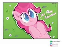 Size: 1423x1069 | Tagged: safe, artist:aceslingerexo, derpibooru import, pinkie pie, earth pony, pony, big eyes, cute, diapinkes, female, flower, grass, lying down, mare, on back, outline, smiling, solo, white outline