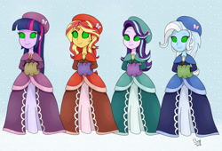 Size: 3564x2422 | Tagged: safe, artist:bageloftime, derpibooru import, starlight glimmer, sunset shimmer, trixie, twilight sparkle, twilight sparkle (alicorn), alicorn, equestria girls, clothes, dress, gown, hypnosis, hypnotized, long dress, long skirt, skirt, snow, snowfall, swirly eyes
