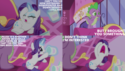 Size: 1280x720 | Tagged: safe, derpibooru import, edit, edited screencap, editor:quoterific, screencap, rarity, spike, dragon, pony, unicorn, inspiration manifestation, season 4, alliteration, carousel boutique, crying, eyes closed, female, food, ice cream, magic, male, mare, marshmelodrama, nose in the air, open mouth, open smile, rarity being rarity, smiling, sofa, spoon, telekinesis