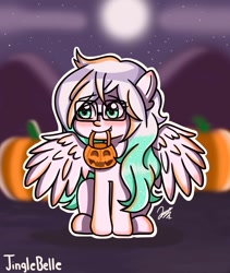 Size: 1417x1682 | Tagged: safe, artist:jinglebelle, derpibooru import, oc, oc only, pegasus, pony, blushing, full moon, glasses, moon, night, outdoors, pegasus oc, pumpkin, pumpkin bucket, signature, solo, spread wings, stars, wings