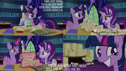 Size: 1280x720 | Tagged: safe, derpibooru import, edit, edited screencap, editor:quoterific, screencap, starlight glimmer, twilight sparkle, twilight sparkle (alicorn), alicorn, pony, unicorn, season 6, the crystalling, female, grin, library, magic, mare, open mouth, open smile, smiling, telekinesis, twilight's castle, twilight's castle library