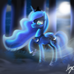 Size: 2300x2300 | Tagged: safe, artist:opal_radiance, derpibooru import, princess luna, alicorn, pony, 2020, crown, ethereal mane, eyelashes, female, full moon, jewelry, mare, moon, moonlight, night, raised hoof, raised leg, regalia, signature, starry mane, stars, tiara