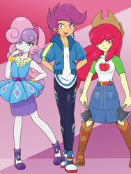 Size: 1668x2224 | Tagged: safe, artist:batipin, derpibooru import, apple bloom, scootaloo, sweetie belle, better together, equestria girls, axe, clothes, clothes swap, converse, cutie mark crusaders, female, leggings, rarity peplum dress, shoes, sneakers, trio, trio female, weapon