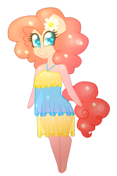 Size: 787x1183 | Tagged: safe, artist:kaikururu, derpibooru import, pinkie pie, anthro, earth pony, unguligrade anthro, clothes, cute, diapinkes, dress, eyelashes, flower, flower in hair, grin, happy, jewelry, necklace, simple background, smiling, solo, transparent background