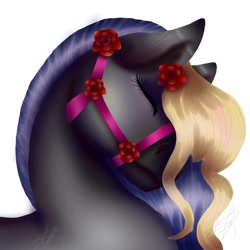 Size: 1500x1500 | Tagged: safe, artist:teonnakatztkgs, derpibooru import, oc, oc only, earth pony, pony, earth pony oc, eyes closed, flower, flower in hair, harness, rose, signature, simple background, tack, white background