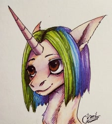 Size: 1024x1135 | Tagged: safe, artist:inarimayer, derpibooru import, oc, oc only, pony, unicorn, bust, horn, multicolored hair, rainbow hair, signature, solo, traditional art, unicorn oc