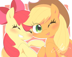 Size: 3600x2869 | Tagged: safe, artist:leo19969525, derpibooru import, apple bloom, applejack, earth pony, pony, adorabloom, blonde, blonde mane, blushing, cute, eye clipping through hair, eyes closed, female, filly, foal, green eyes, grin, jackabetes, looking at you, mare, one eye closed, open mouth, open smile, red mane, siblings, sisters, smiling, wink