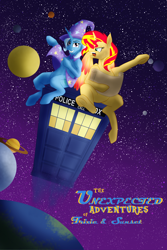 Size: 2000x3000 | Tagged: safe, artist:sixes&sevens, derpibooru import, sunset shimmer, trixie, alicorn, pony, unicorn, angry, bill and ted's excellent adventure, cape, clothes, dab, doctor who, fanfic, fanfic art, fanfic cover, hat, map, planet, pointing, race swap, smiling, space, tardis, trixie's cape, trixie's hat, yelling