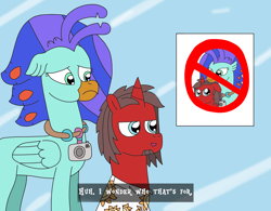 Size: 3086x2401 | Tagged: safe, artist:supahdonarudo, derpibooru import, oc, oc only, oc:ironyoshi, oc:sea lilly, classical hippogriff, hippogriff, unicorn, camera, clothes, dialogue, garfield, jewelry, meme, necklace, ponified, ponified meme, sad, shirt, sign, simple background, text, vent art