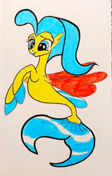 Size: 818x1280 | Tagged: safe, artist:wegio, derpibooru import, princess skystar, seapony (g4), my little pony: the movie, blue eyes, blue mane, blue tail, dorsal fin, female, fin wings, fins, fish tail, flowing mane, flowing tail, red wings, simple background, smiling, solo, tail, white background, wings