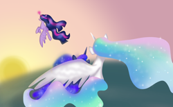 Size: 4000x2500 | Tagged: safe, artist:naturajellyfish, derpibooru exclusive, derpibooru import, princess celestia, princess luna, princess twilight 2.0, twilight sparkle, twilight sparkle (alicorn), alicorn, pony, the last problem, ethereal mane, female, flying, galaxy mane, glowing, glowing horn, gradient mane, high res, horn, looking at someone, magic, magic aura, mare, missing accessory, older, older twilight, older twilight sparkle (alicorn), royal sisters, siblings, sisters, spread wings, starry mane, trio, trio female, wat, wings