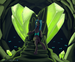 Size: 2565x2115 | Tagged: safe, artist:kanzlerjif, derpibooru import, queen chrysalis, changeling, changeling queen, background changeling, cave, crossed legs, crystal, dark background, digital art, evil smirk, female, glowing eyes, green eyes, heart, horn, looking at you, mare, sitting, smiling, smiling at you, smirk, solo, solo focus, throne