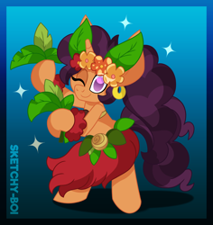 Size: 3300x3500 | Tagged: safe, artist:snakeythingy, derpibooru import, saffron masala, clothes, crossover, dancing, grass skirt, hula, hula dance, shantae, shantae and the seven sirens, skirt